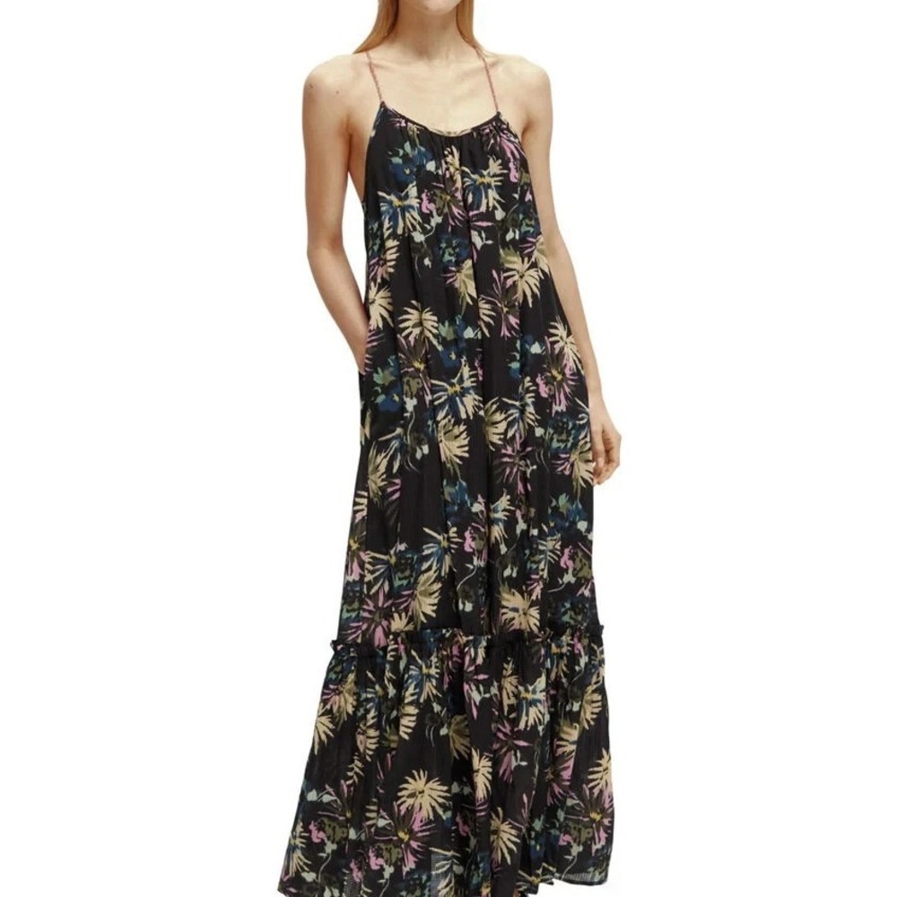 NEW Scotch & Soda Floral Tiered Maxi Dress Black Pink Tassels Pockets 38 US M 8 - Picture 6 of 16